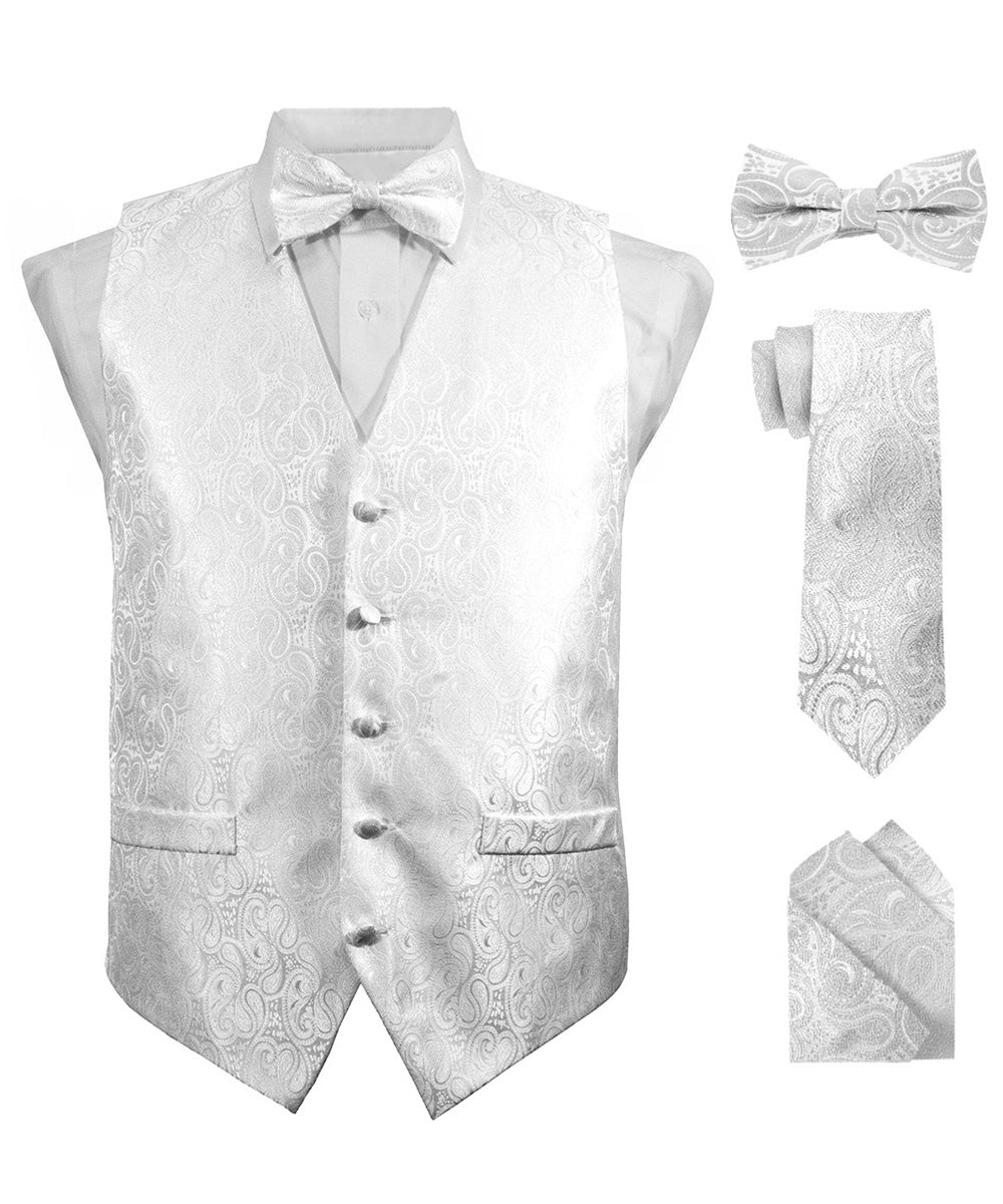 Vittorio Farina Men's Woven Paisley Vest, Necktie, Bow Tie and Pocket Square Set (White Back)