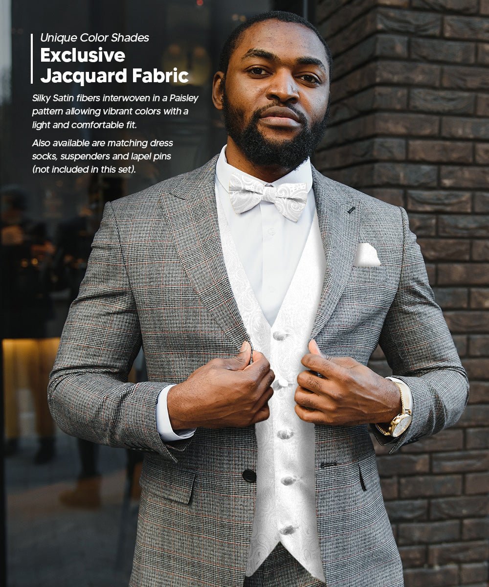 Vittorio Farina Men's Woven Paisley Vest, Necktie, Bow Tie and Pocket Square Set (White Back)