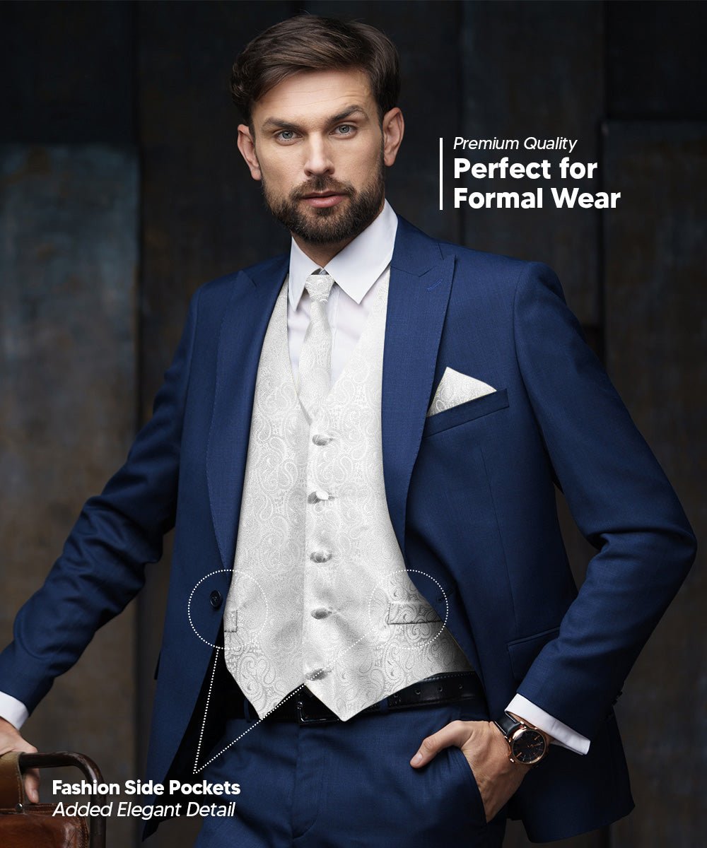 Vittorio Farina Men's Woven Paisley Vest, Necktie, Bow Tie and Pocket Square Set (White Back)