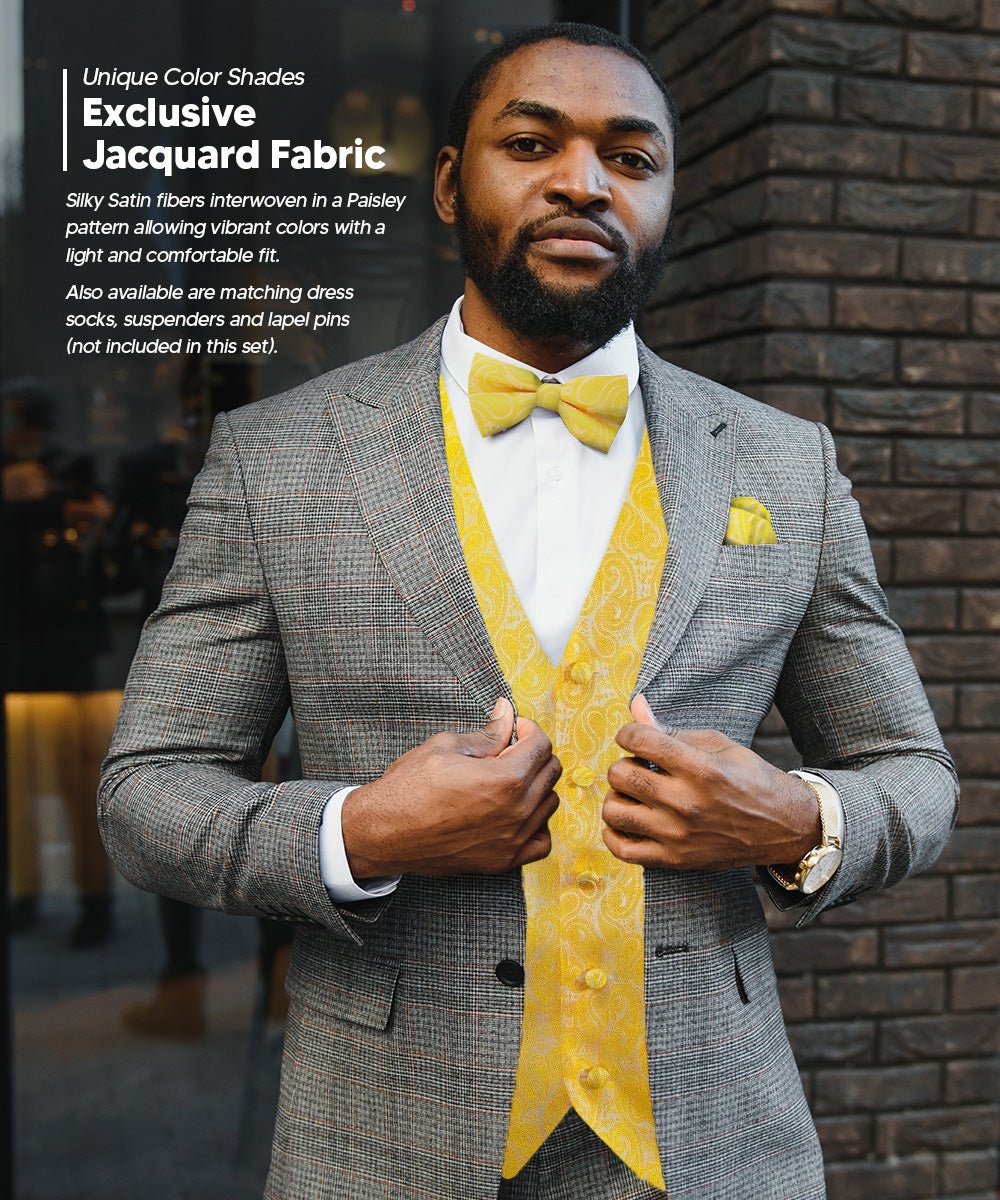 Vittorio Farina Men's Woven Paisley Vest, Necktie, Bow Tie and Pocket Square Set (White Back)