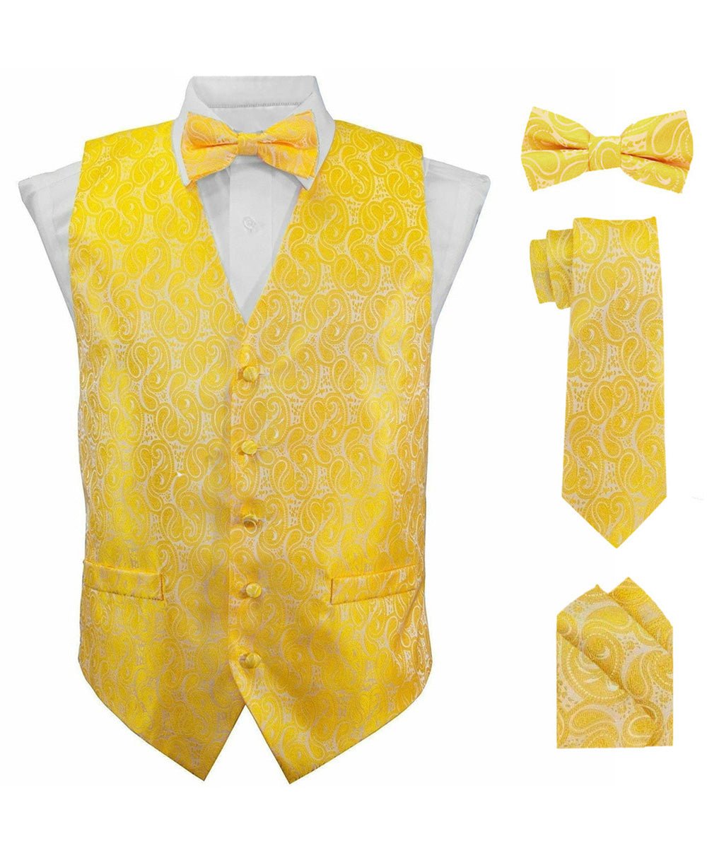 Vittorio Farina Men's Woven Paisley Vest, Necktie, Bow Tie and Pocket Square Set (White Back)
