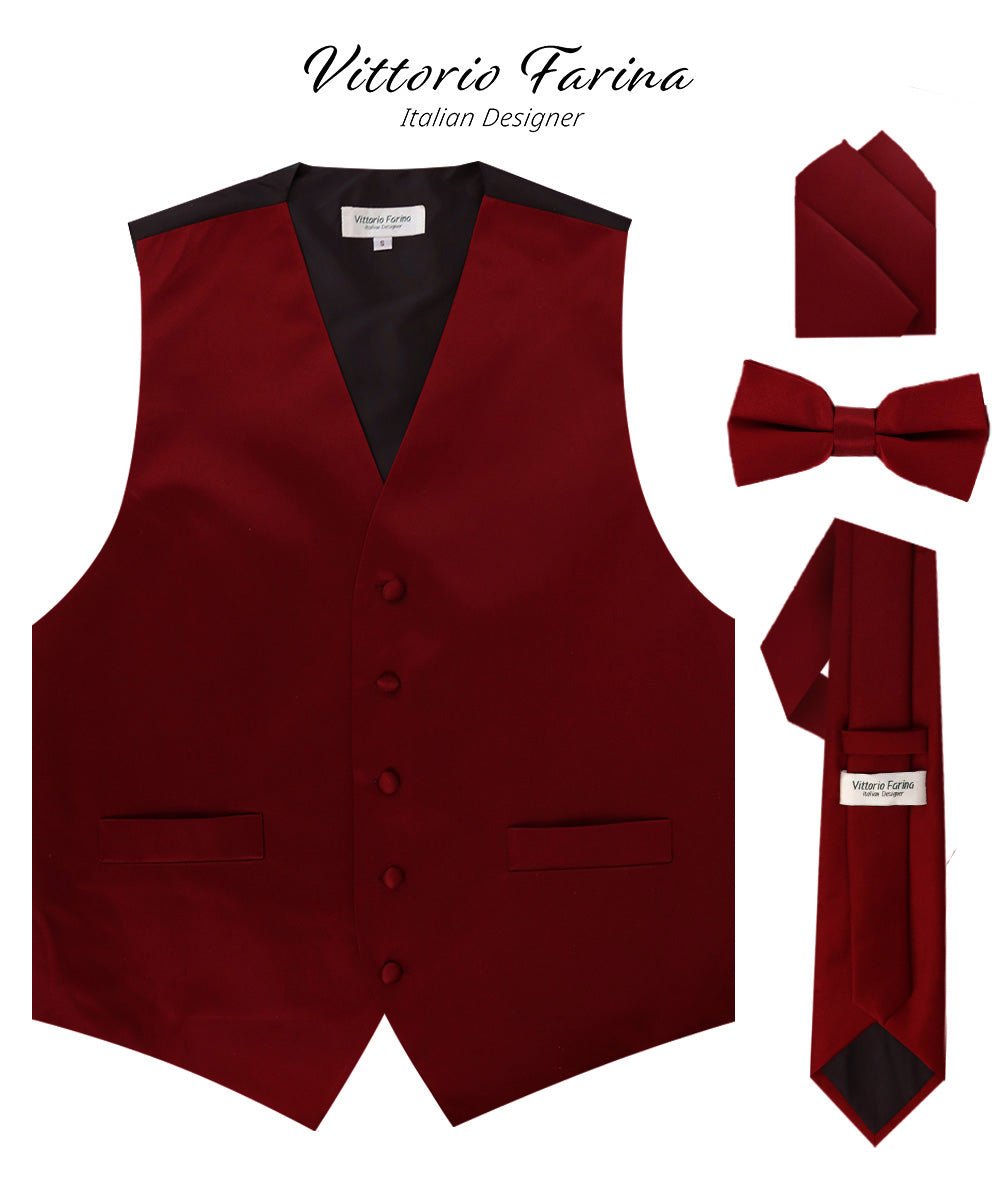 Vittorio Farina Men's Satin Vest, Necktie, Bow Tie and Pocket Square Set (Black Back)
