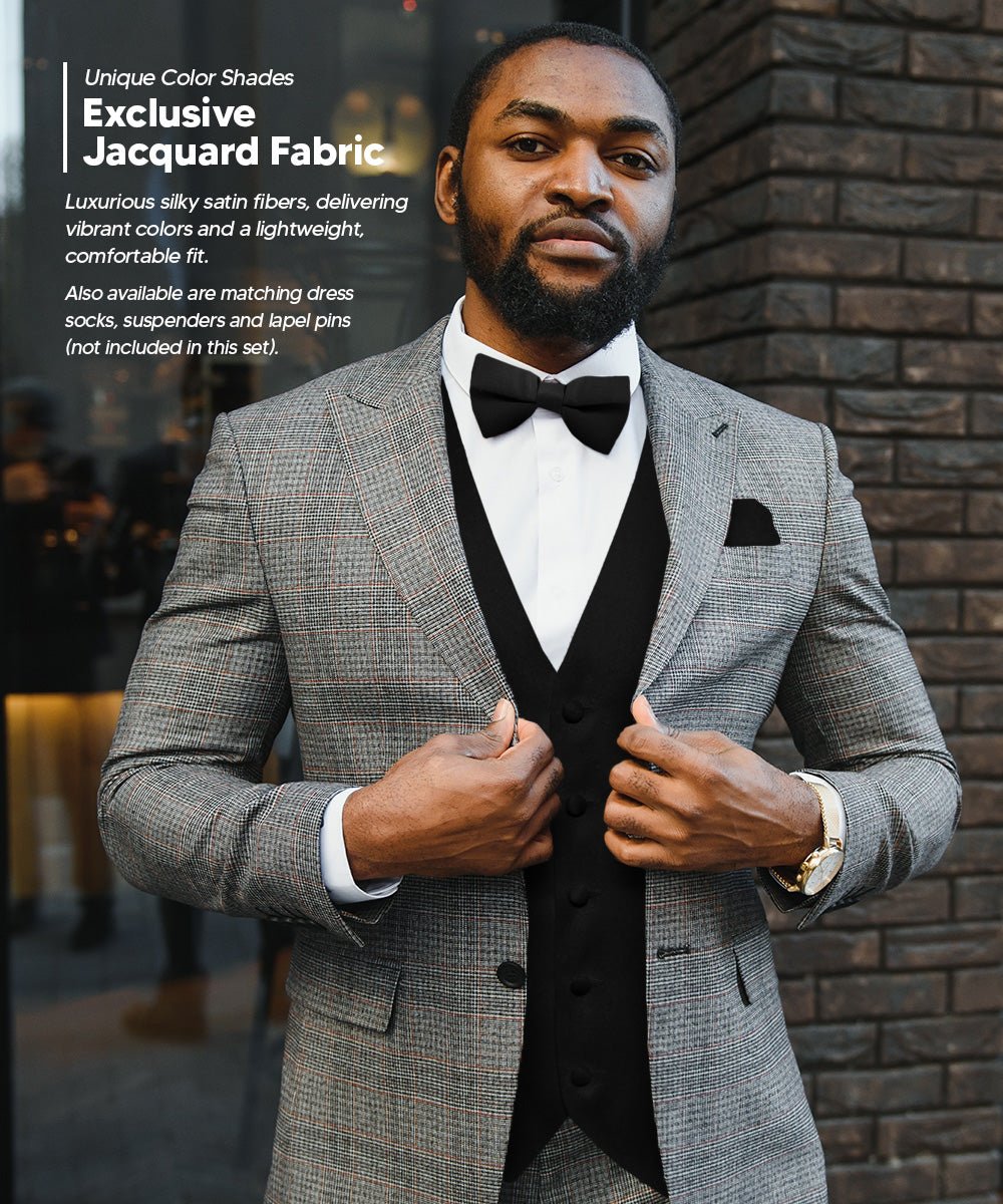 Vittorio Farina Men's Satin Vest, Necktie, Bow Tie and Pocket Square Set (Black Back)