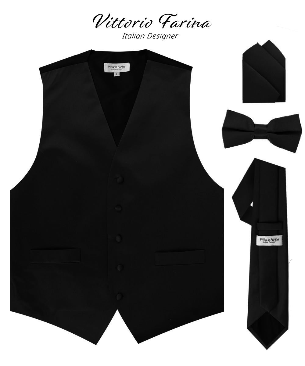 Vittorio Farina Men's Satin Vest, Necktie, Bow Tie and Pocket Square Set (Black Back)