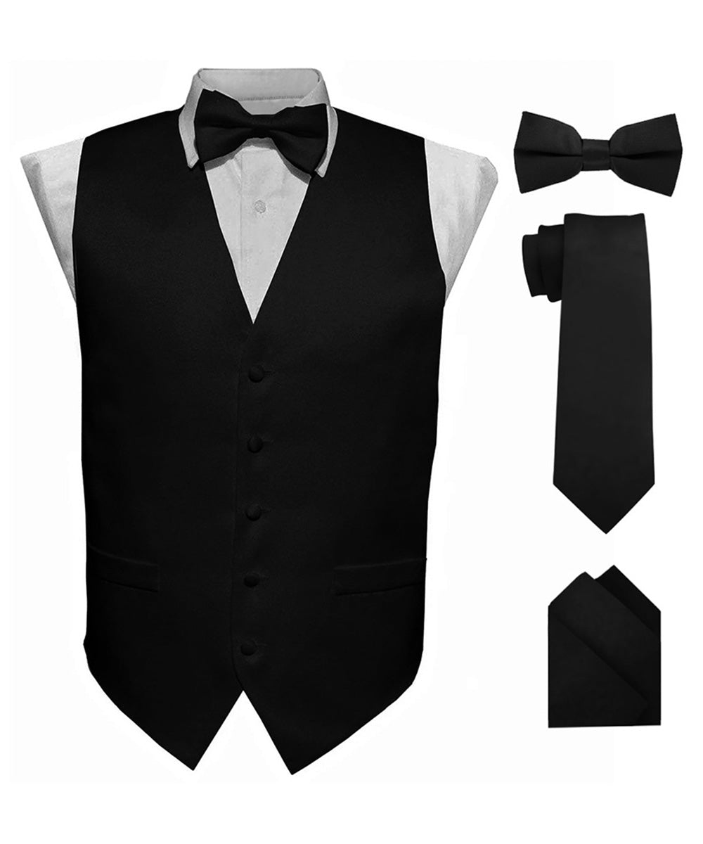 Vittorio Farina Men's Satin Vest, Necktie, Bow Tie and Pocket Square Set (Black Back)