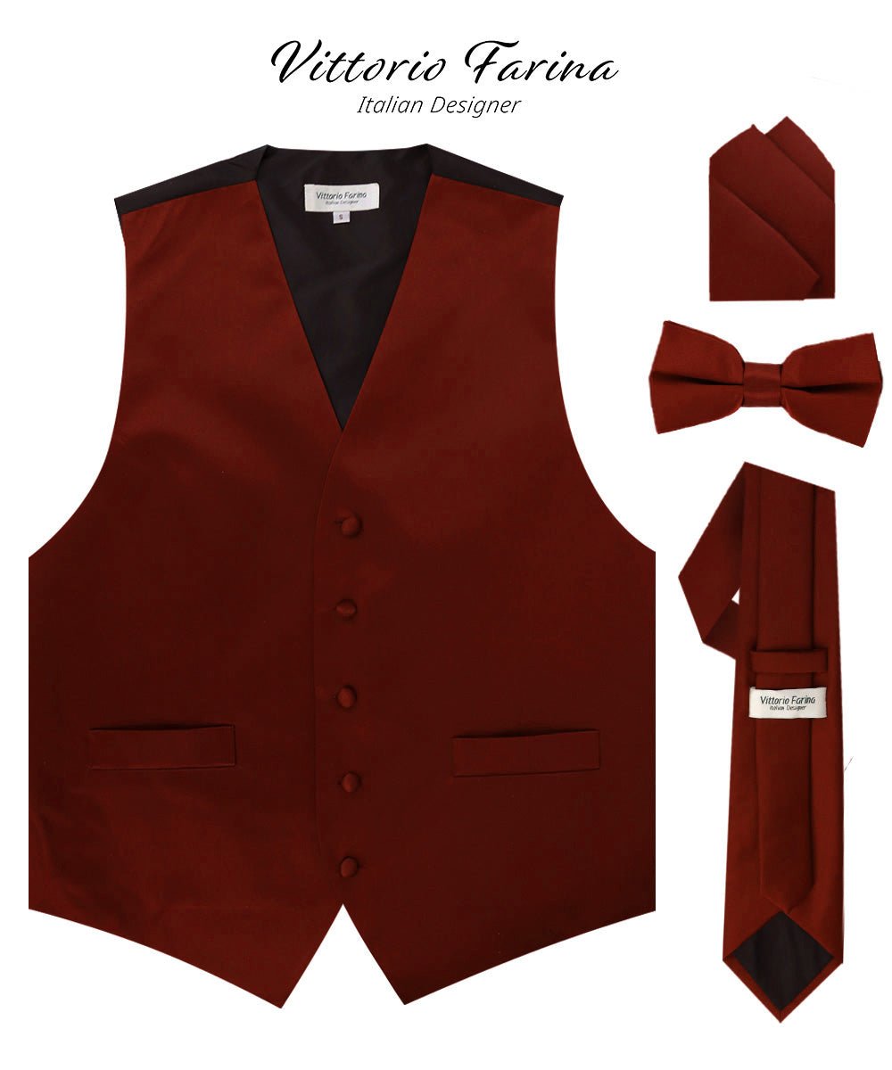Vittorio Farina Men's Satin Vest, Necktie, Bow Tie and Pocket Square Set (Black Back)
