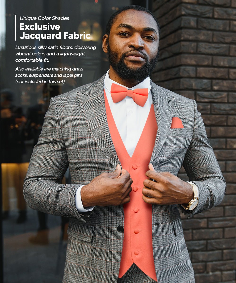 Vittorio Farina Men's Satin Vest, Necktie, Bow Tie and Pocket Square Set (Black Back)