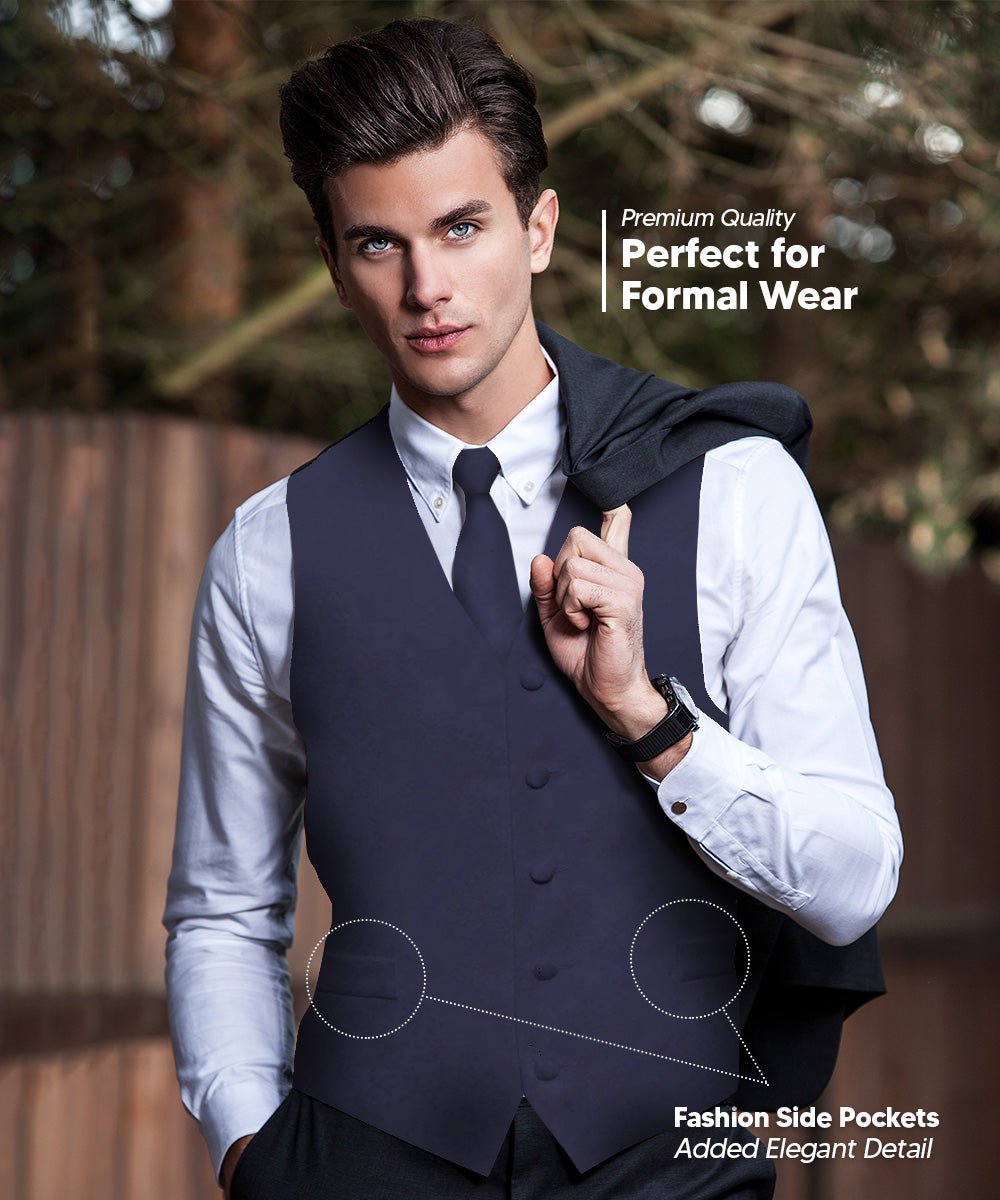 Vittorio Farina Men's Satin Vest, Necktie, Bow Tie and Pocket Square Set (Black Back)