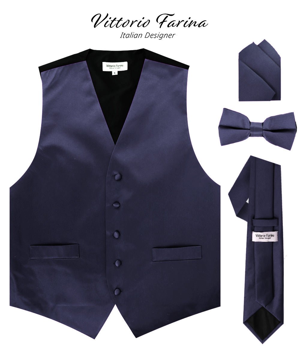 Vittorio Farina Men's Satin Vest, Necktie, Bow Tie and Pocket Square Set (Black Back)