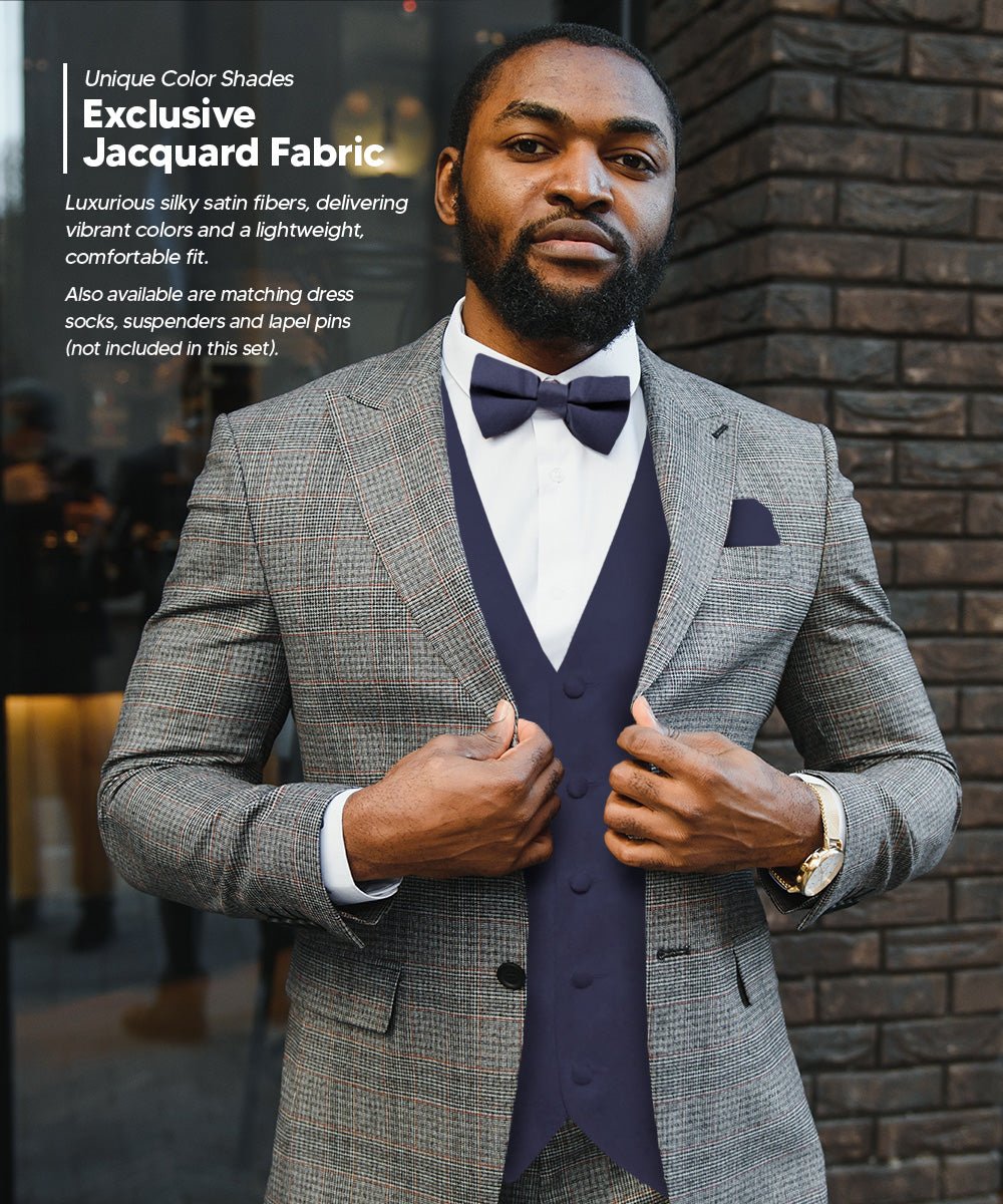 Vittorio Farina Men's Satin Vest, Necktie, Bow Tie and Pocket Square Set (Black Back)