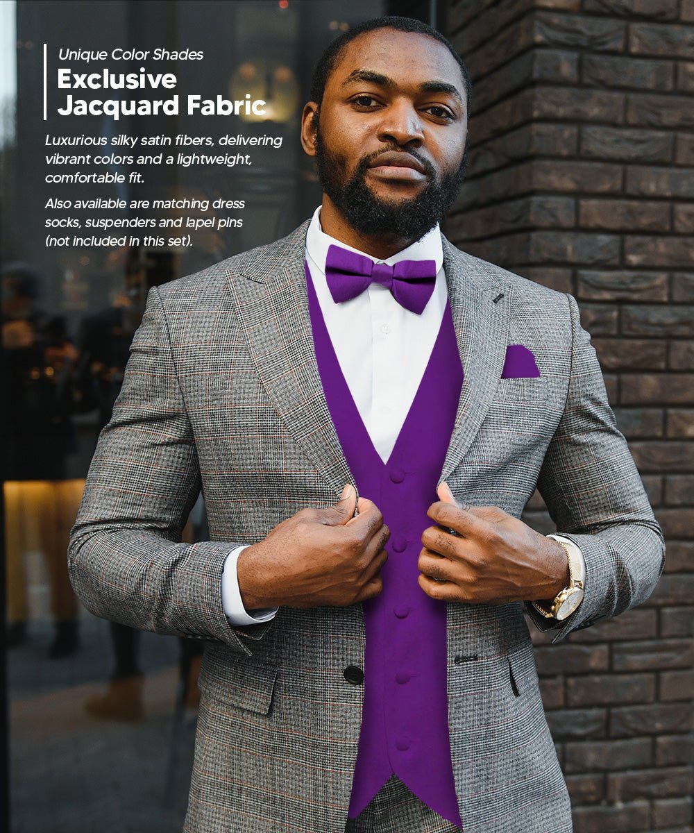 Vittorio Farina Men's Satin Vest, Necktie, Bow Tie and Pocket Square Set (Black Back)