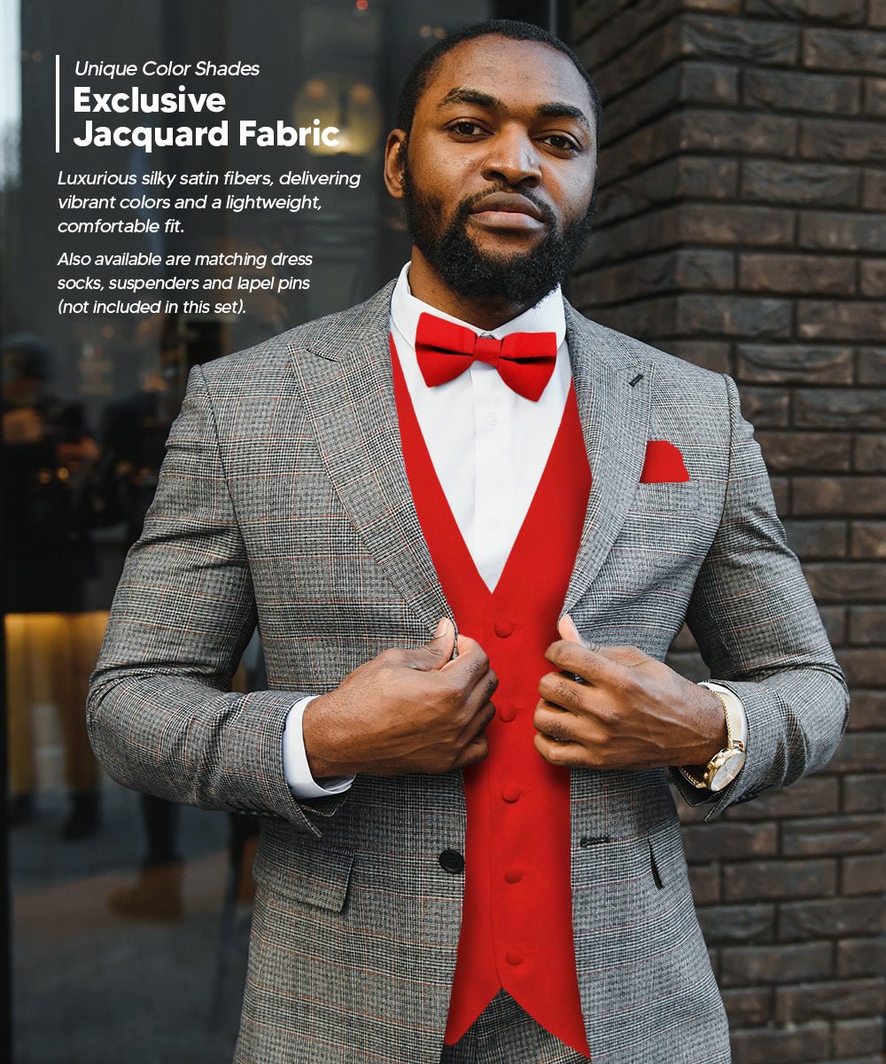 Vittorio Farina Men's Satin Vest, Necktie, Bow Tie and Pocket Square Set (Black Back)