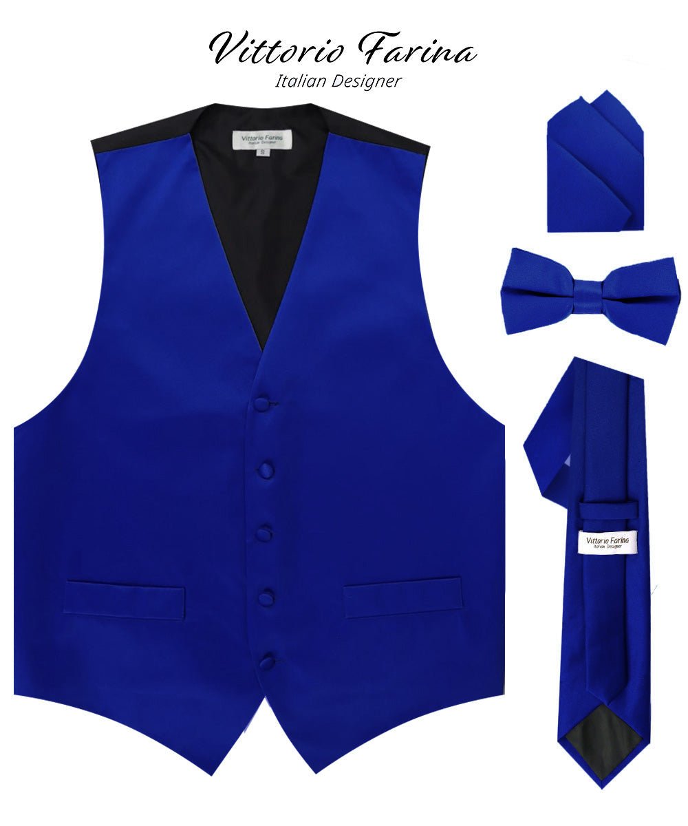 Vittorio Farina Men's Satin Vest, Necktie, Bow Tie and Pocket Square Set (Black Back)