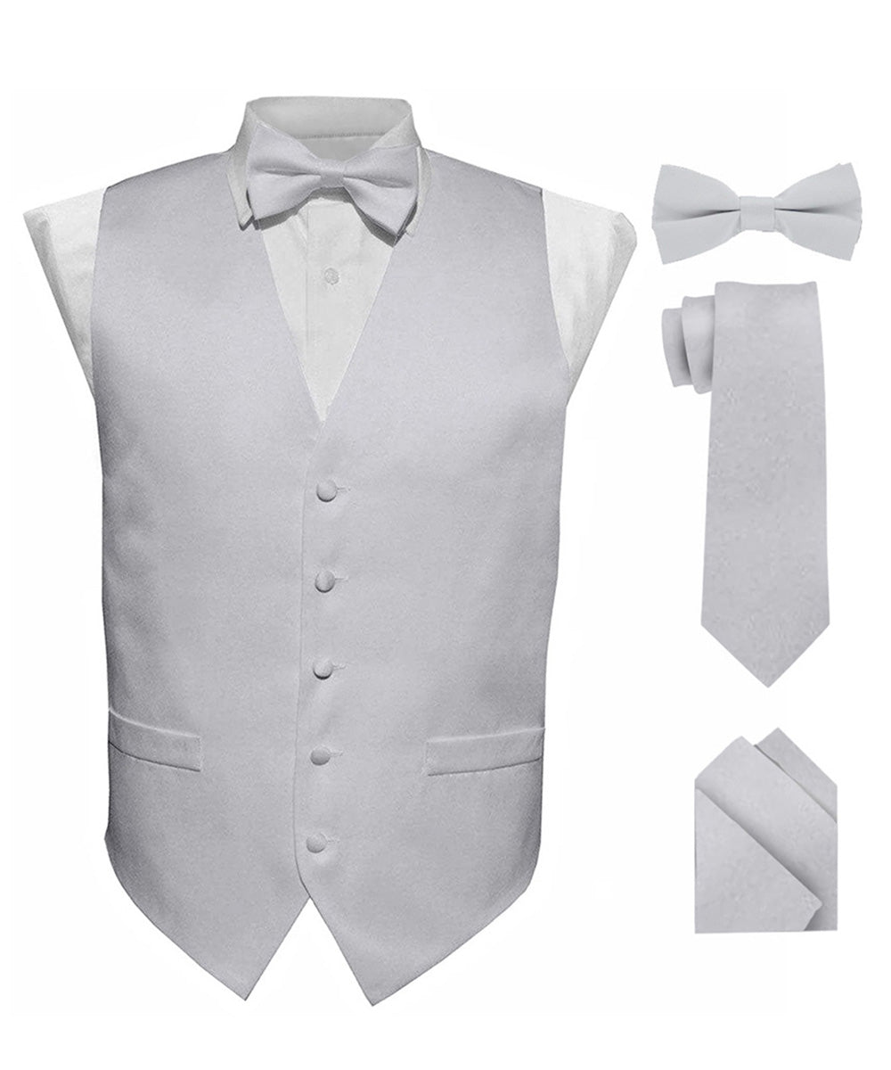 Vittorio Farina Men's Satin Vest, Necktie, Bow Tie and Pocket Square Set (Black Back)