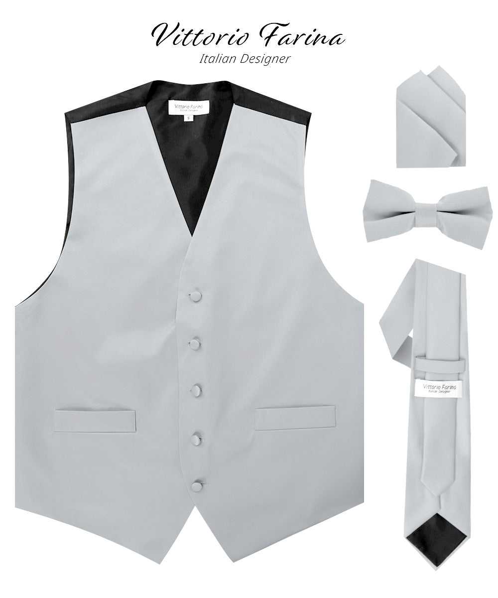 Vittorio Farina Men's Satin Vest, Necktie, Bow Tie and Pocket Square Set (Black Back)