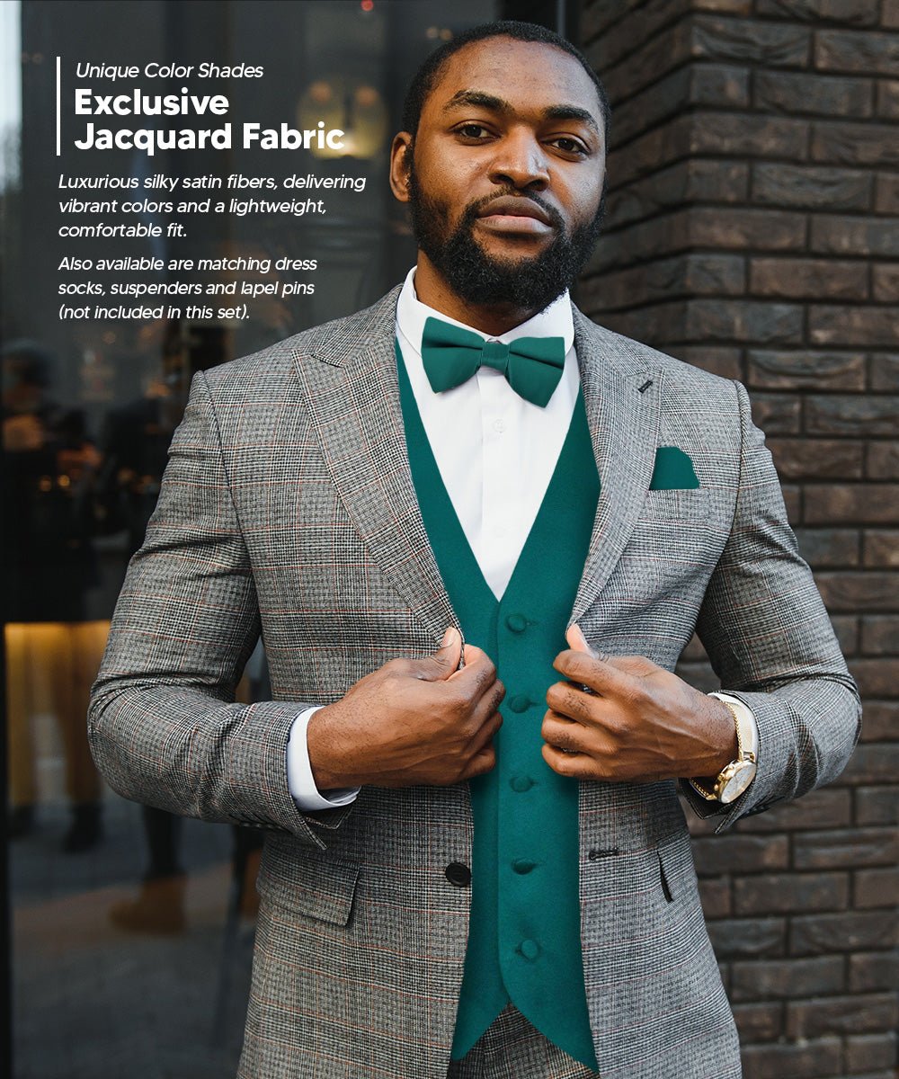 Vittorio Farina Men's Satin Vest, Necktie, Bow Tie and Pocket Square Set (Black Back)