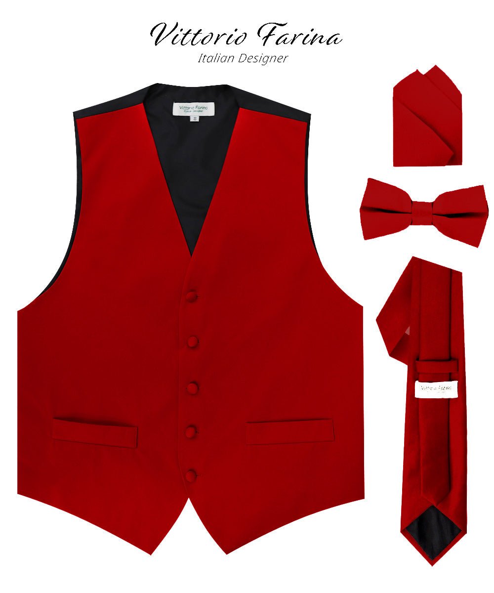 Vittorio Farina Men's Satin Vest, Necktie, Bow Tie and Pocket Square Set (Black Back)