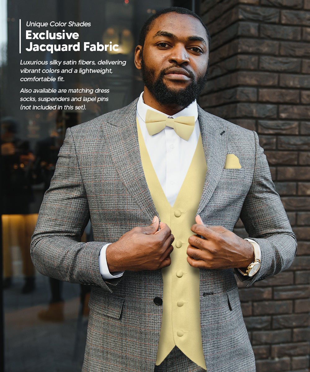 Vittorio Farina Men's Satin Vest, Necktie, Bow Tie and Pocket Square Set (White Back)