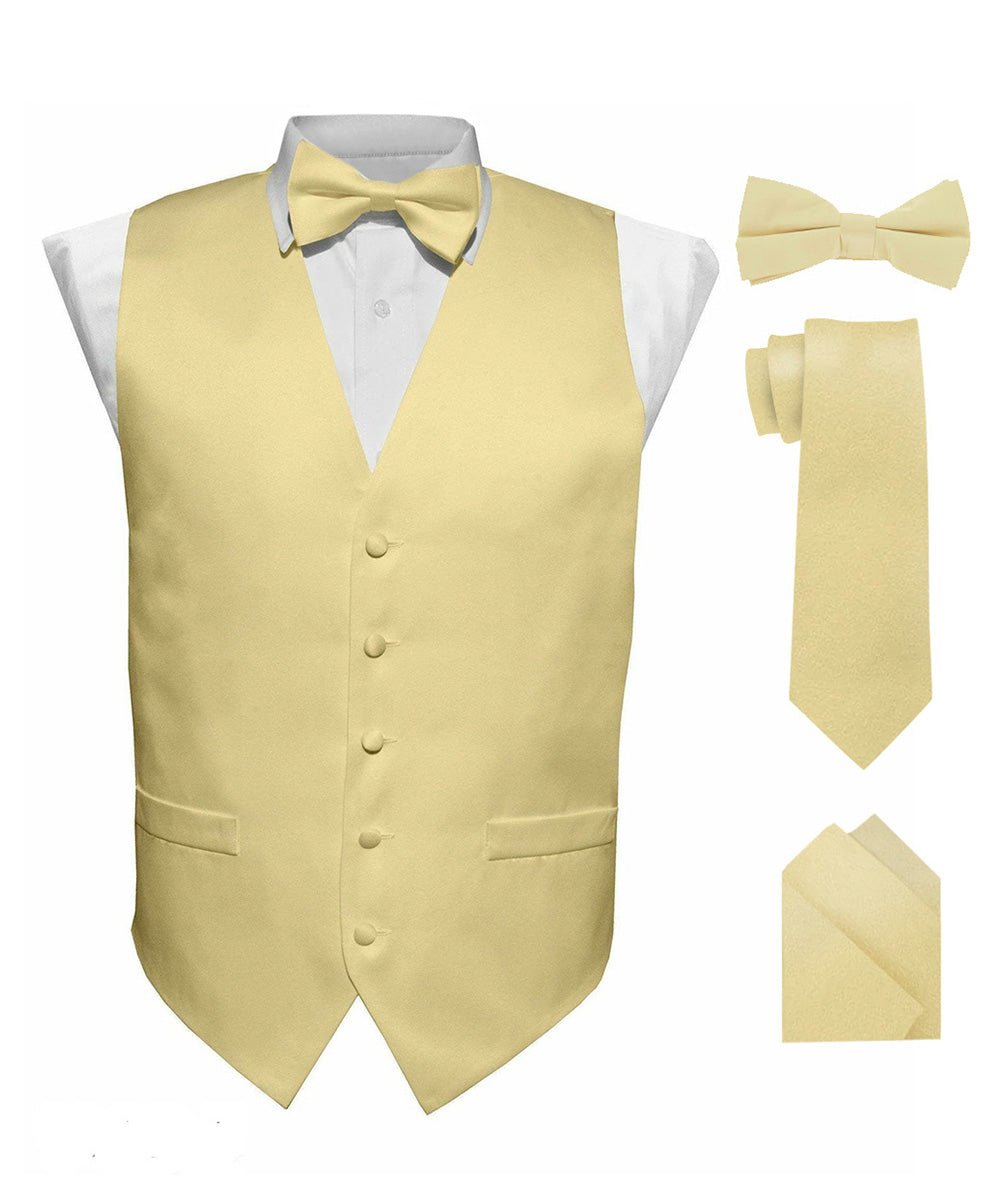 Vittorio Farina Men's Satin Vest, Necktie, Bow Tie and Pocket Square Set (White Back)