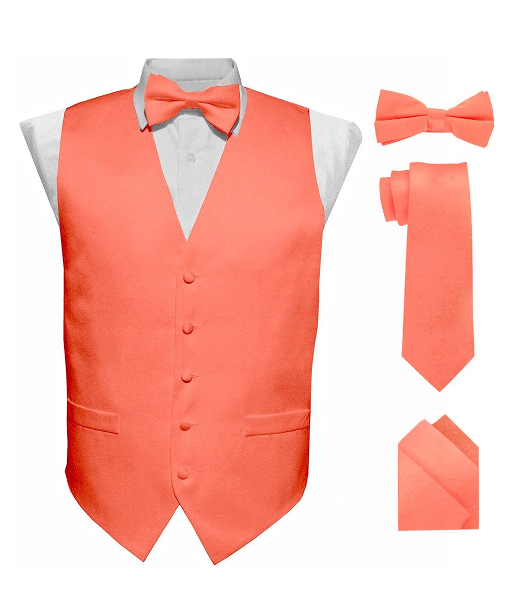 Vittorio Farina Men's Satin Vest, Necktie, Bow Tie and Pocket Square Set (White Back)