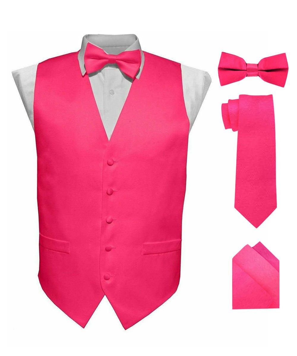 Vittorio Farina Men's Satin Vest, Necktie, Bow Tie and Pocket Square Set (White Back)