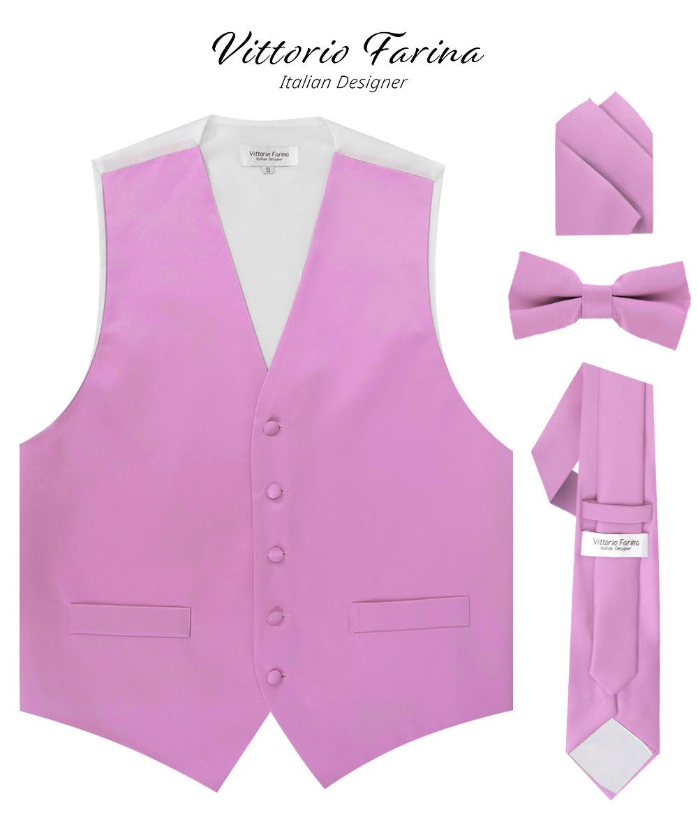 Vittorio Farina Men's Satin Vest, Necktie, Bow Tie and Pocket Square Set (White Back)