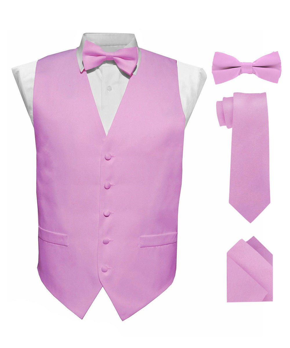 Vittorio Farina Men's Satin Vest, Necktie, Bow Tie and Pocket Square Set (White Back)