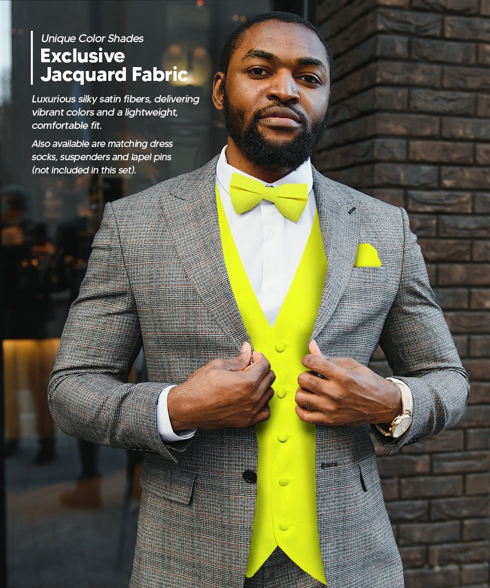 Vittorio Farina Men's Satin Vest, Necktie, Bow Tie and Pocket Square Set (White Back)