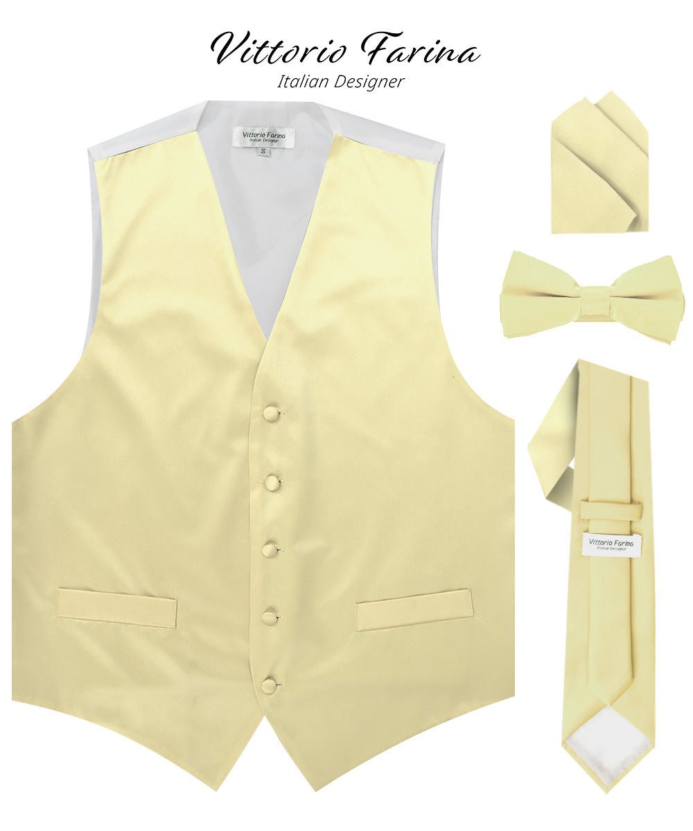 Vittorio Farina Men's Satin Vest, Necktie, Bow Tie and Pocket Square Set (White Back)