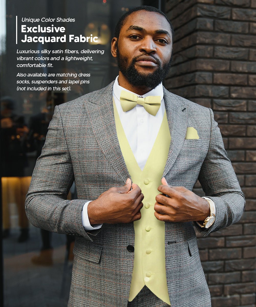 Vittorio Farina Men's Satin Vest, Necktie, Bow Tie and Pocket Square Set (White Back)