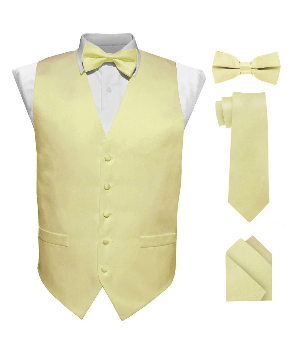 Vittorio Farina Men's Satin Vest, Necktie, Bow Tie and Pocket Square Set (White Back)