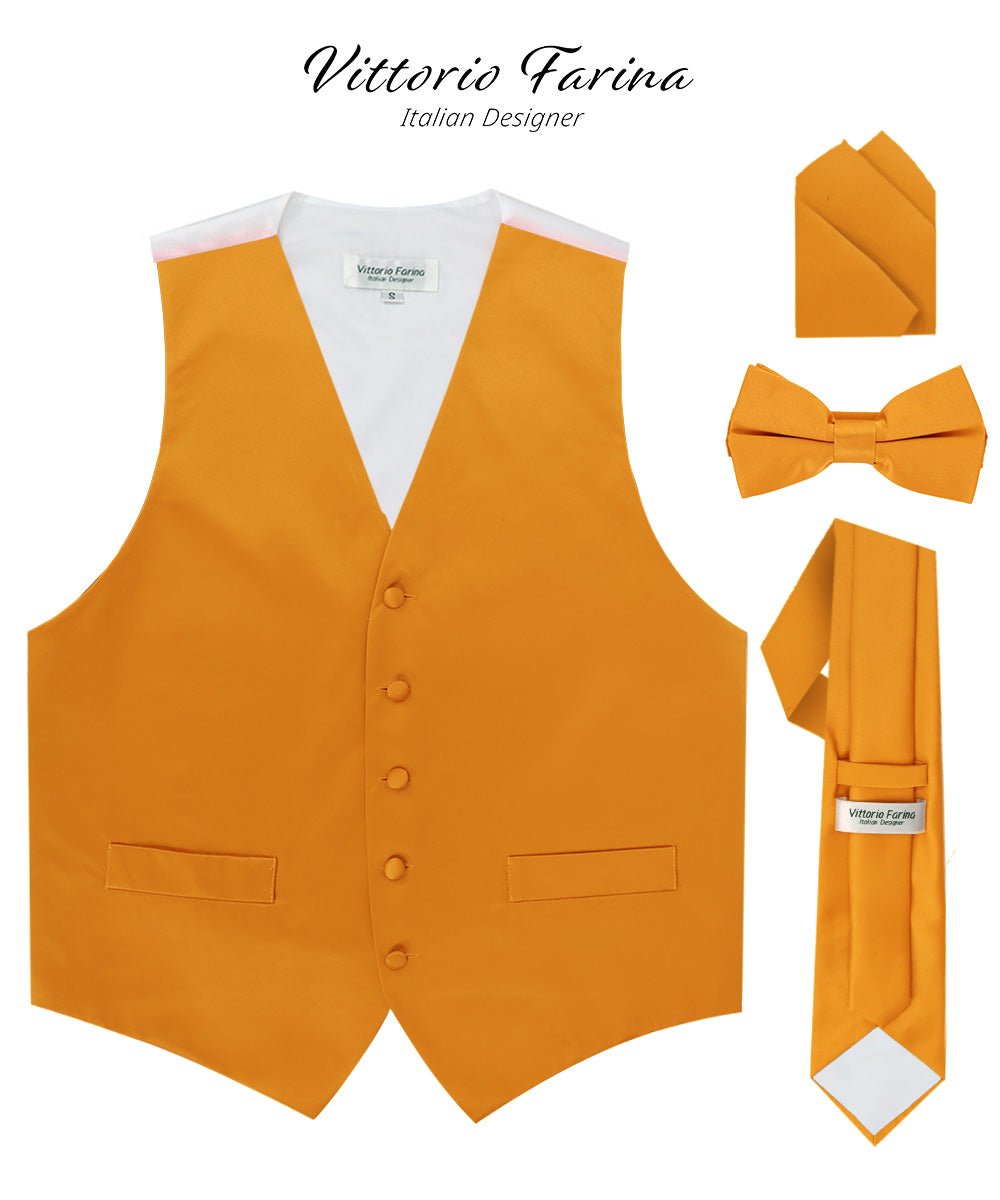 Vittorio Farina Men's Satin Vest, Necktie, Bow Tie and Pocket Square Set (White Back)