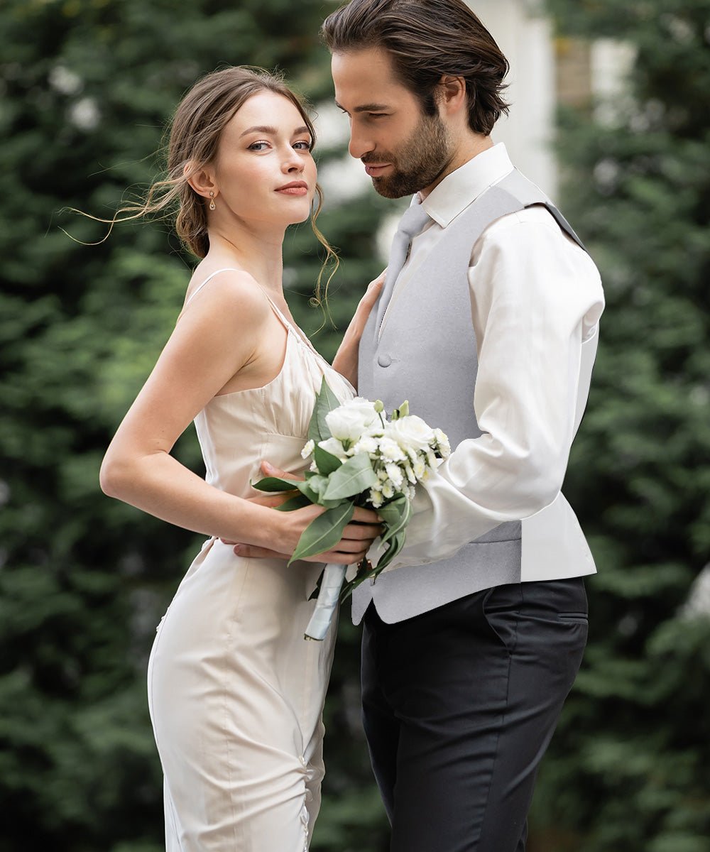 Vittorio Farina Men's Satin Vest, Necktie, Bow Tie and Pocket Square Set (White Back)