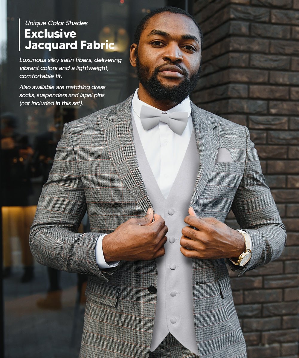 Vittorio Farina Men's Satin Vest, Necktie, Bow Tie and Pocket Square Set (White Back)