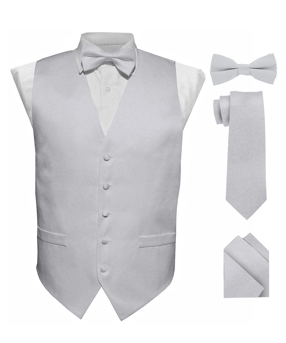 Vittorio Farina Men's Satin Vest, Necktie, Bow Tie and Pocket Square Set (White Back)