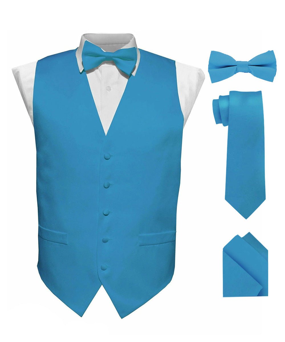 Vittorio Farina Men's Satin Vest, Necktie, Bow Tie and Pocket Square Set (White Back)