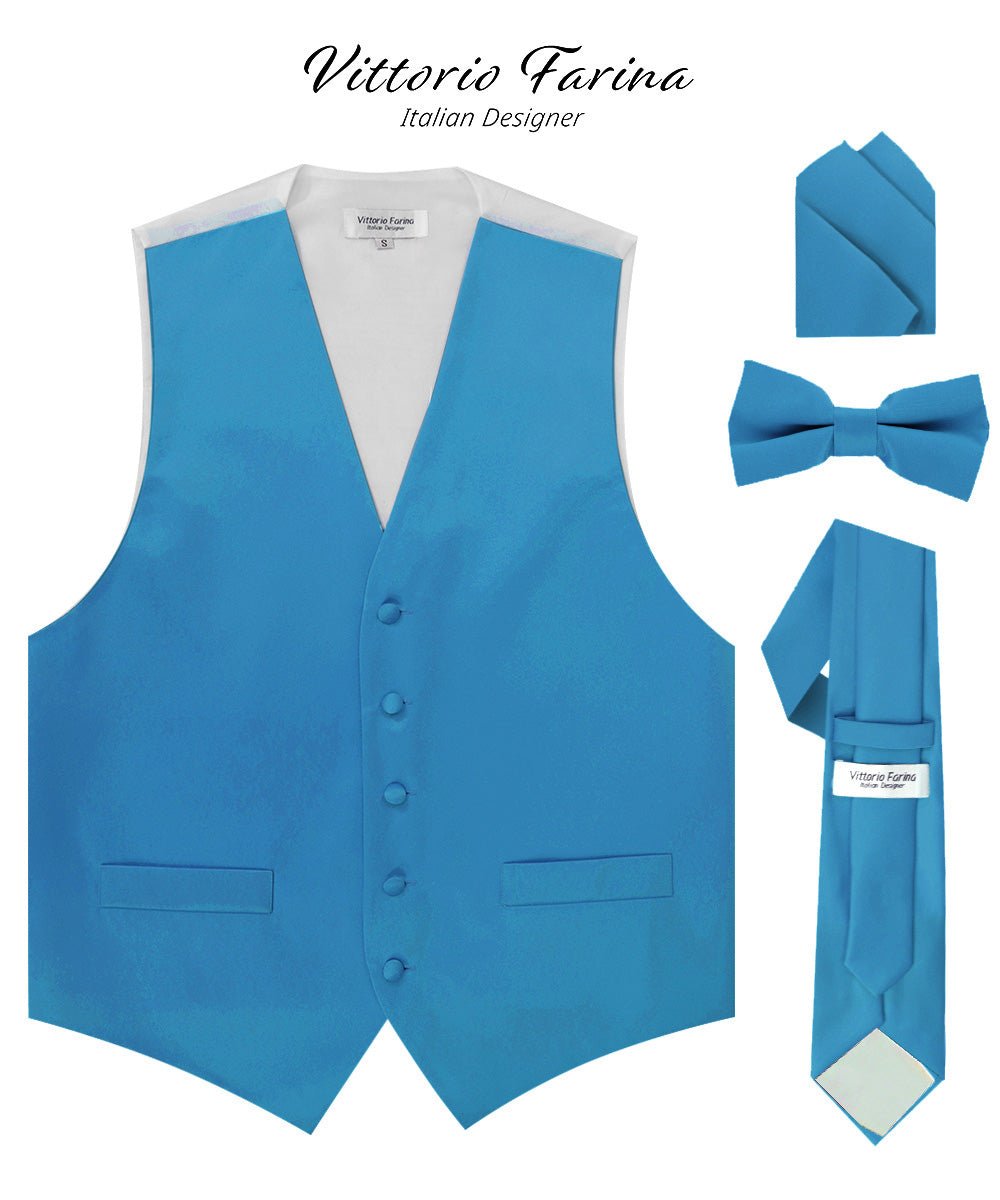 Vittorio Farina Men's Satin Vest, Necktie, Bow Tie and Pocket Square Set (White Back)