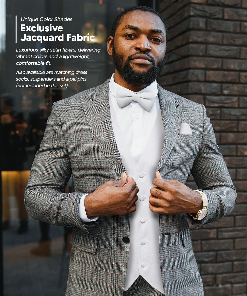 Vittorio Farina Men's Satin Vest, Necktie, Bow Tie and Pocket Square Set (White Back)