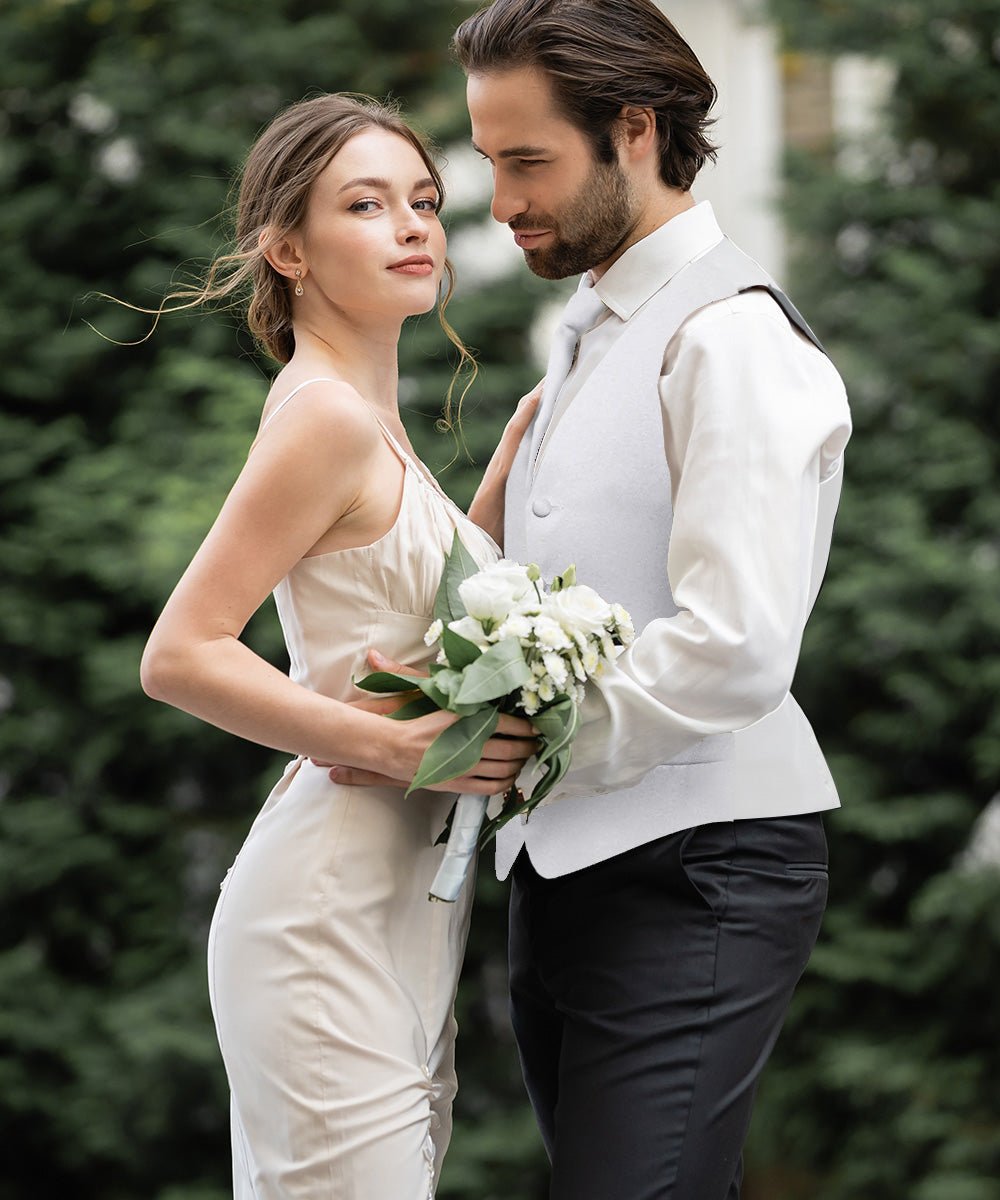 Vittorio Farina Men's Satin Vest, Necktie, Bow Tie and Pocket Square Set (White Back)