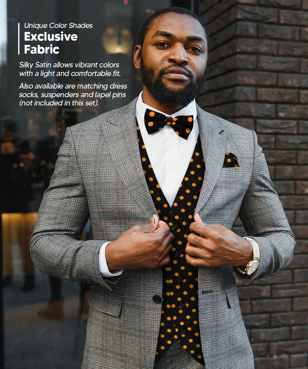 Vittorio Farina Men's White and Black Dot Polka Dot Vest, Necktie, Bow Tie and Pocket Square Set