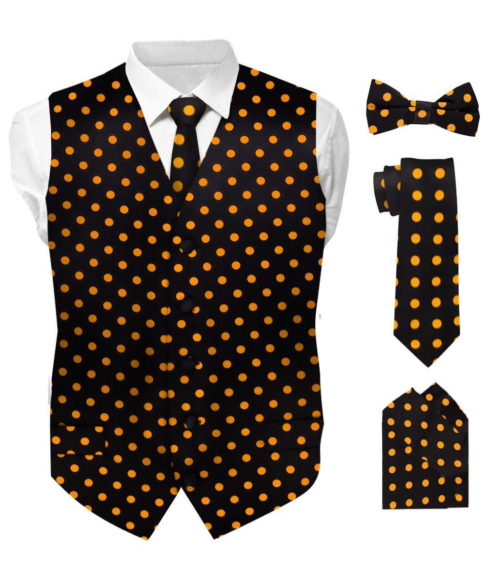 Vittorio Farina Men's White and Black Dot Polka Dot Vest, Necktie, Bow Tie and Pocket Square Set