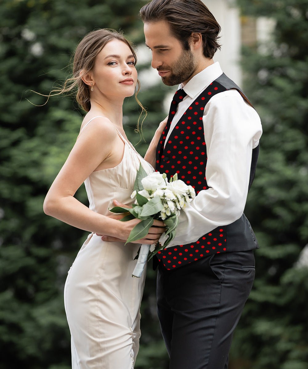 Vittorio Farina Men's White and Black Dot Polka Dot Vest, Necktie, Bow Tie and Pocket Square Set