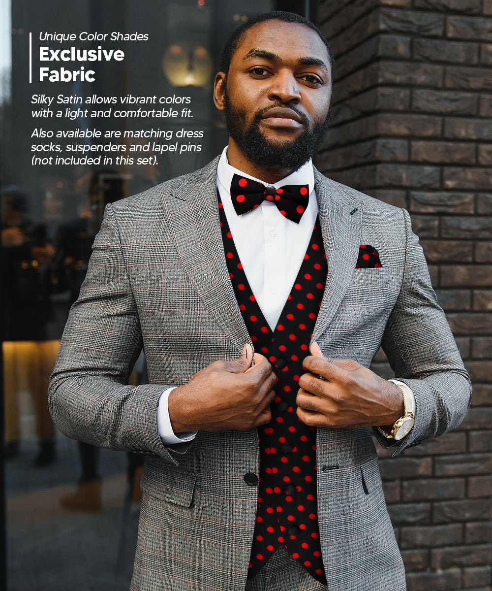 Vittorio Farina Men's White and Black Dot Polka Dot Vest, Necktie, Bow Tie and Pocket Square Set