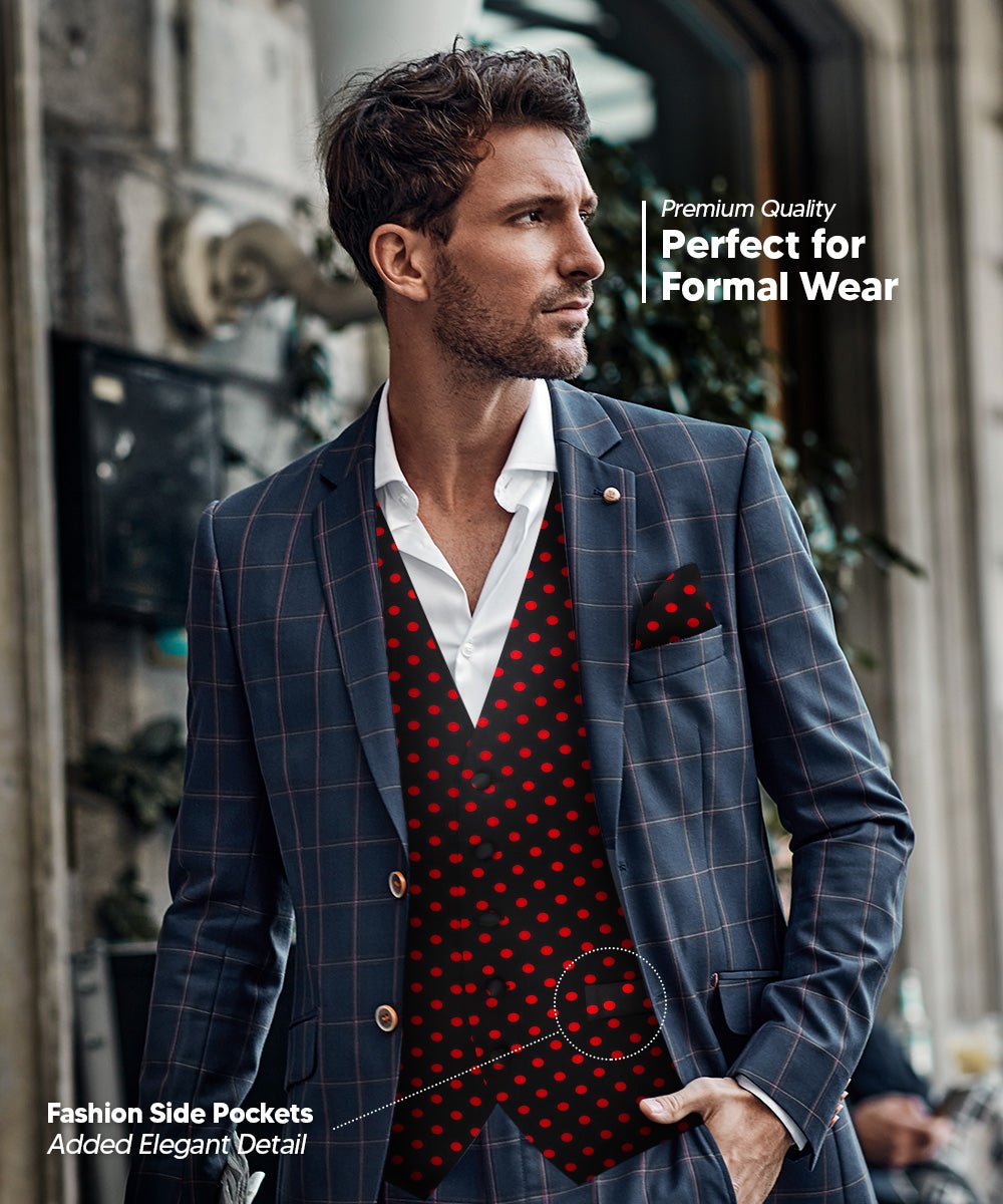 Vittorio Farina Men's White and Black Dot Polka Dot Vest, Necktie, Bow Tie and Pocket Square Set