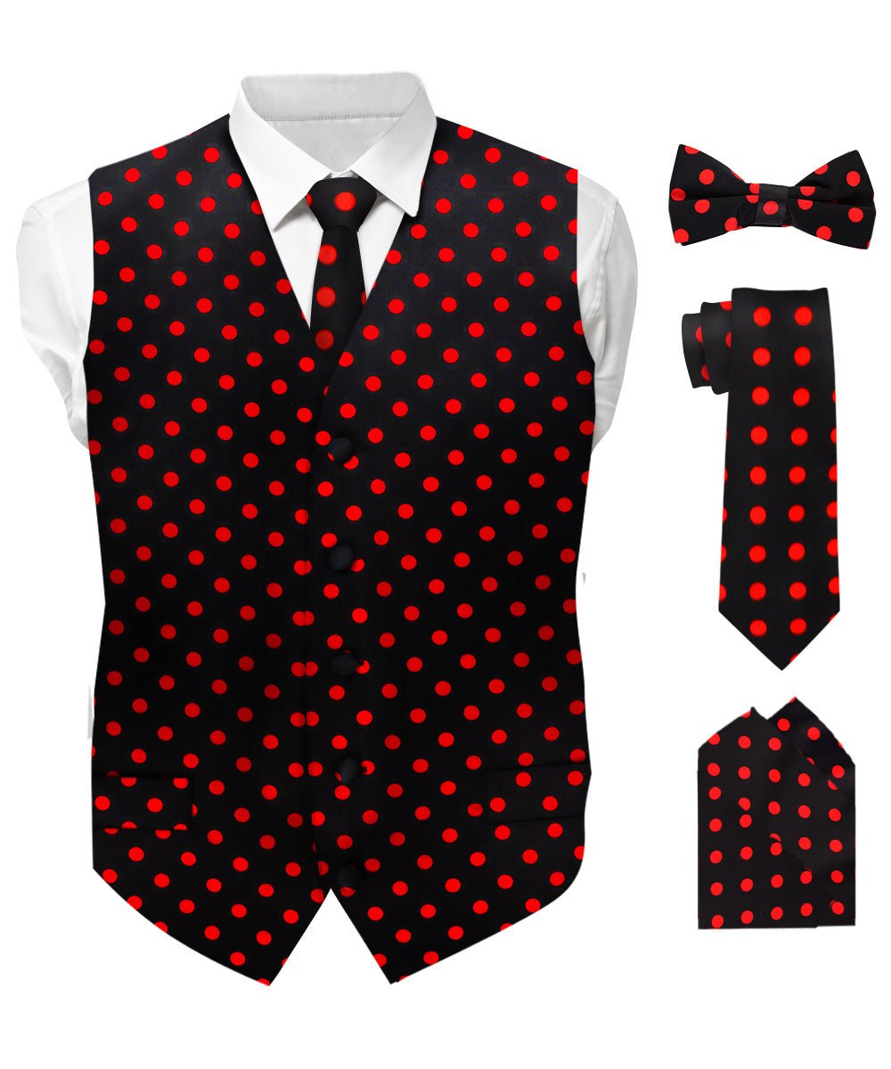 Vittorio Farina Men's White and Black Dot Polka Dot Vest, Necktie, Bow Tie and Pocket Square Set