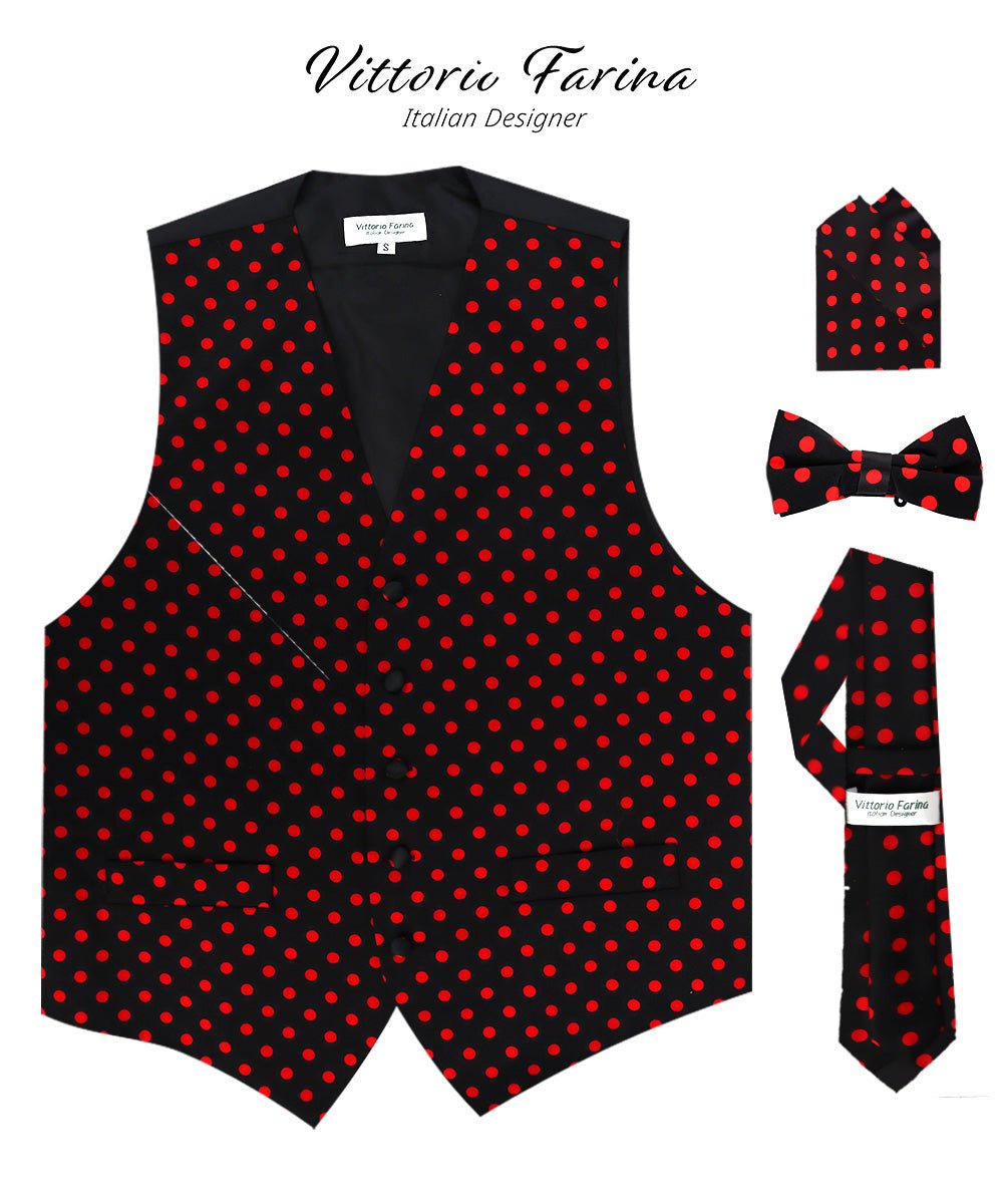 Vittorio Farina Men's White and Black Dot Polka Dot Vest, Necktie, Bow Tie and Pocket Square Set