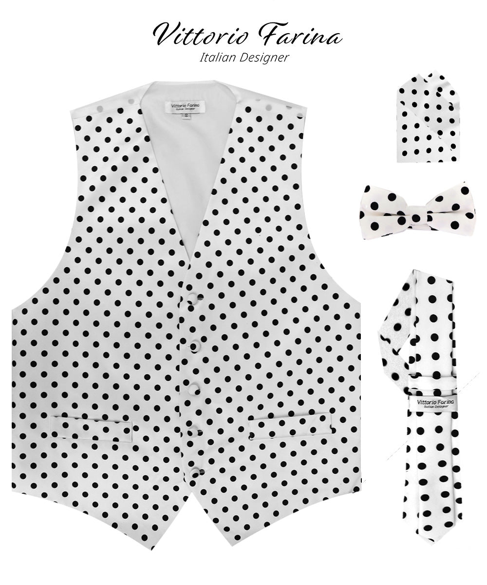 Vittorio Farina Men's White and Black Dot Polka Dot Vest, Necktie, Bow Tie and Pocket Square Set