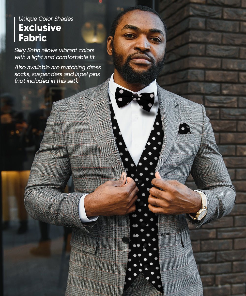 Vittorio Farina Men's White and Black Dot Polka Dot Vest, Necktie, Bow Tie and Pocket Square Set