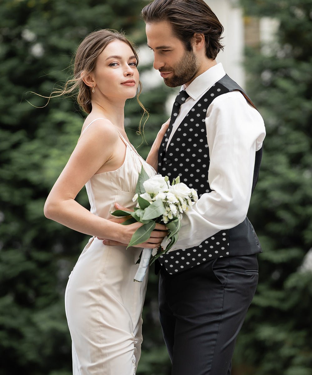 Vittorio Farina Men's White and Black Dot Polka Dot Vest, Necktie, Bow Tie and Pocket Square Set