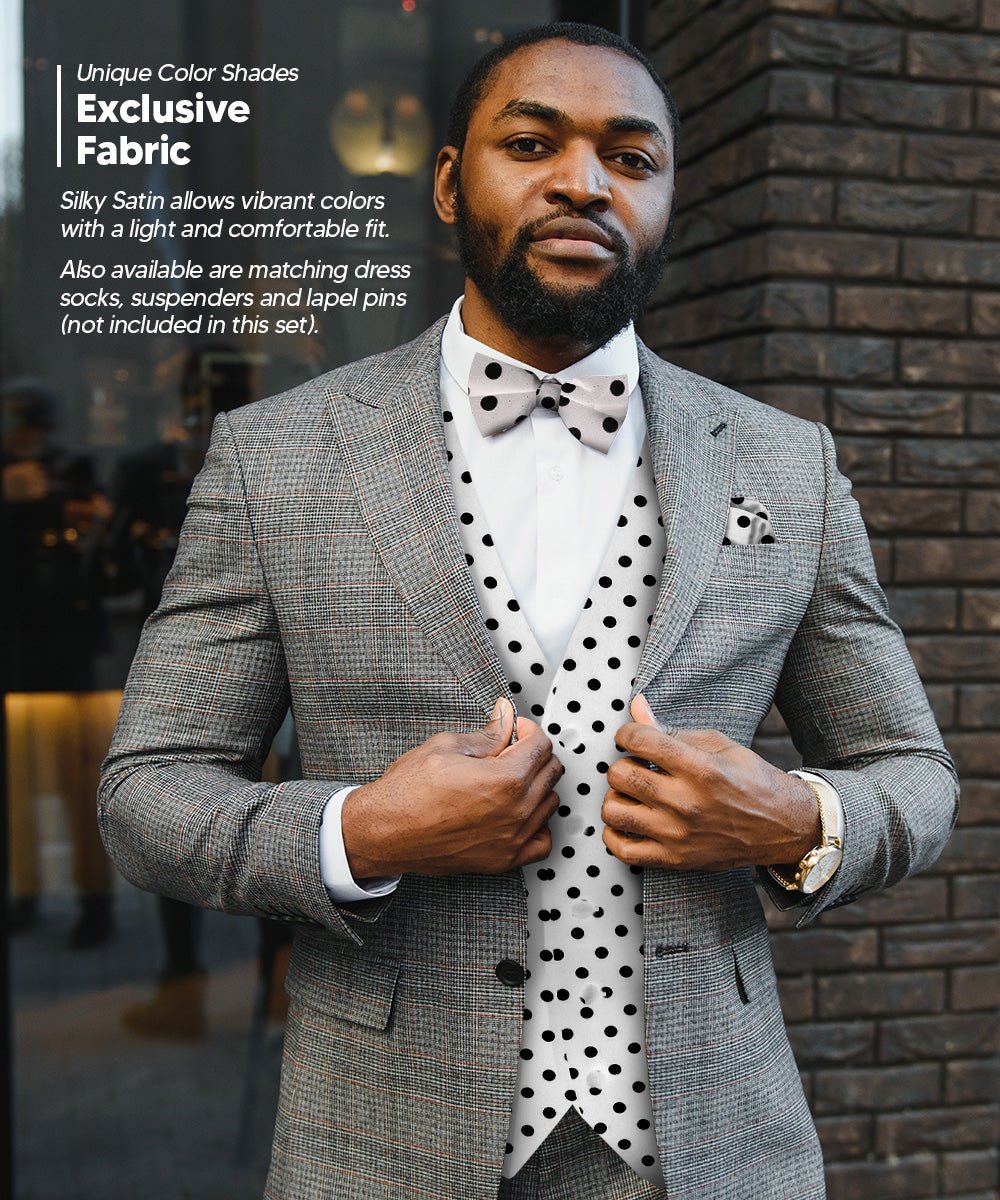 Vittorio Farina Men's White and Black Dot Polka Dot Vest, Necktie, Bow Tie and Pocket Square Set